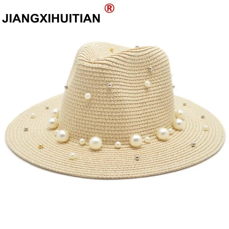 

2018 популярная летняя британская жемчужная расшитая бисером соломенная затенение шляпа от солнца Женская модная пляжная джазовая шляпа 55-58 см