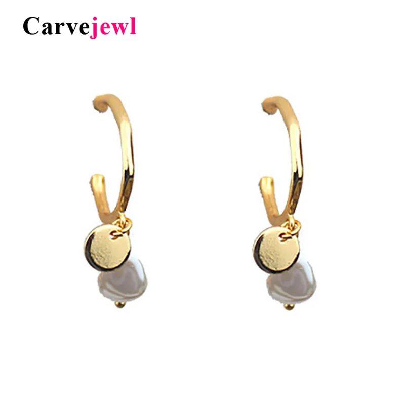 Carvejewl Japanese Korea design Unique C shape dangle earrings irregular simulated pearl metal round disc pendant drop | Украшения и