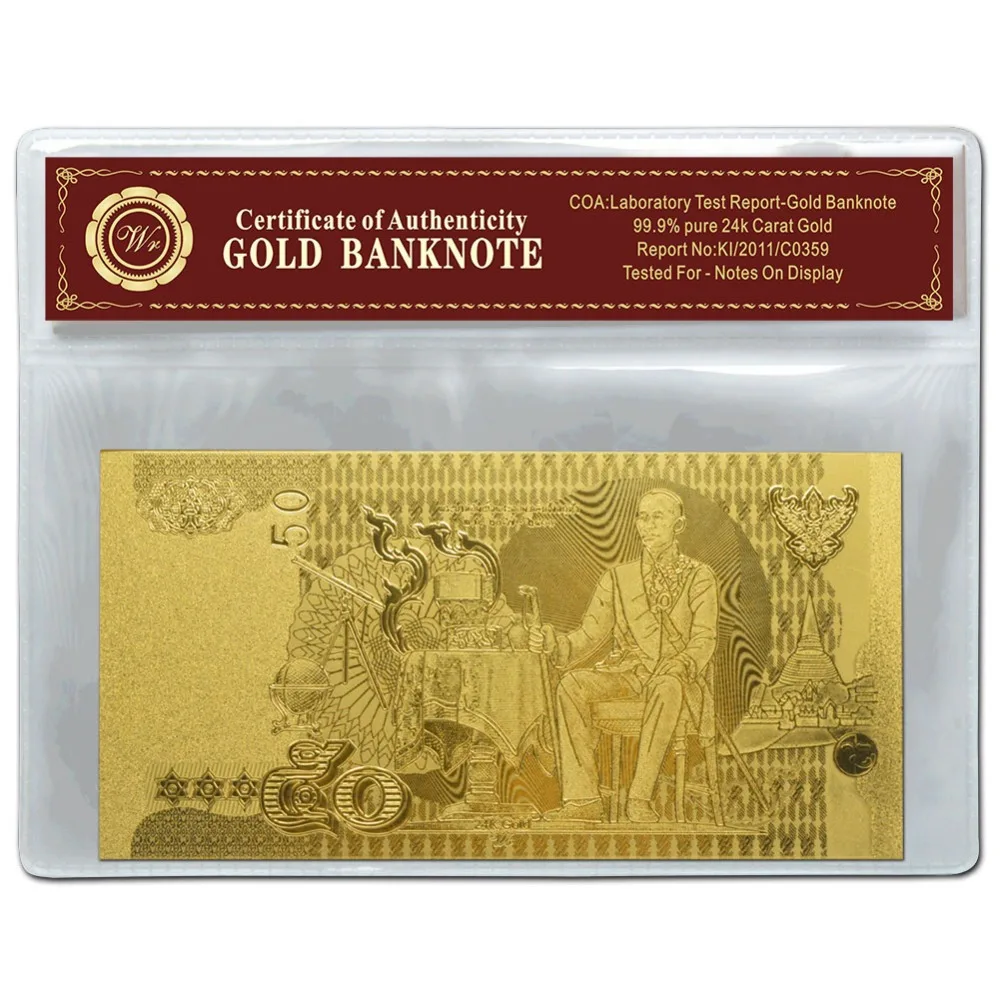 Металлическая тайская Золотая банкнота 50 батов Банкнота не циркулирует в COA Sleeve |