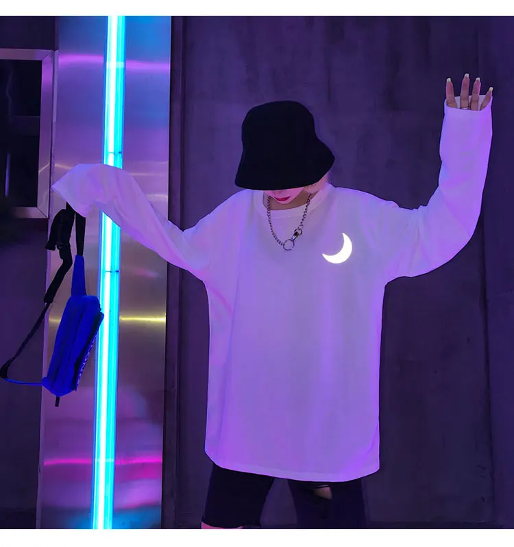 Harajuku Для женщин 3м Reflective лунный свет принт, модная футболка с круглым вырезом и длинными рукавами, в стиле «хип-хоп»; зеленый; фиолетовый; Повседневная футболка футболки гриппов Размеры