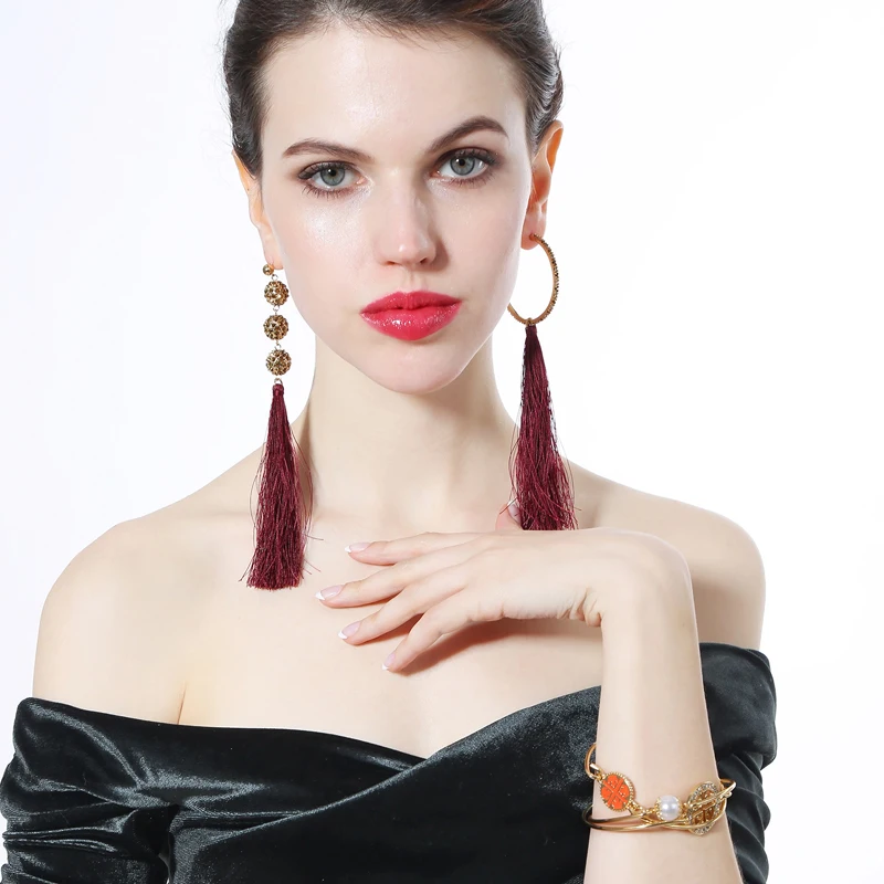 2018 Popular 2 Color Red&ampBlue Tassel Cotton Thread Crystal Ethnic Earrings Handmade Asymmetric Bohemian Jewelry | Украшения и