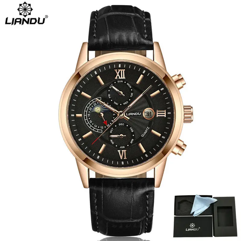 Liandu Moon Phase Мужская Повседневная Кварцевые часы многофункциональные спортивные