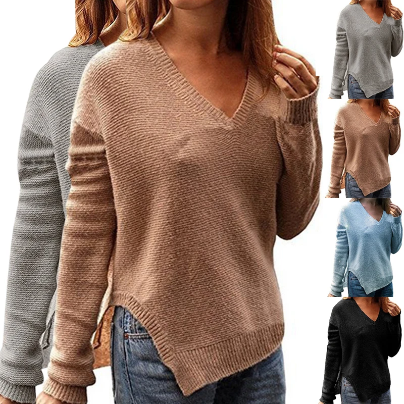 Женский трикотажный свитер с длинным рукавом и V-образным вырезом | Женская