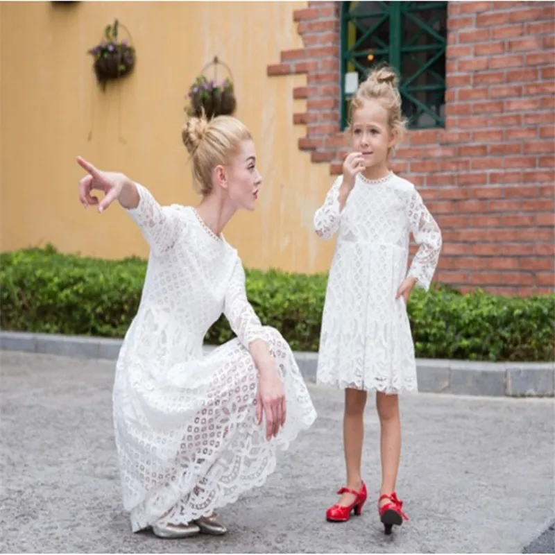 

Family Look Mother Daughter Dresses Mom Girl Wedding White Black Dress Party Outfits for Female Matching Clothes Lace Clothing