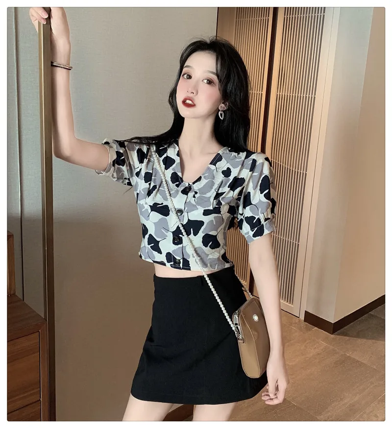 Korean style sweet crop tops v-neck print short sleeve Women's Clothing Blouses Shirts fashion brand high quality aesthetic hot | Женская