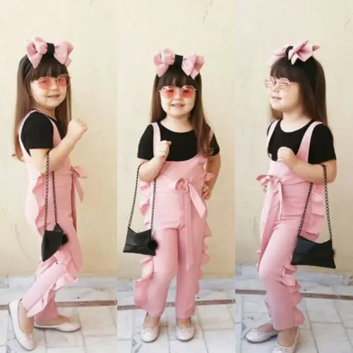 Детский комбинезон с оборками для маленьких девочек однотонный на лямках летняя