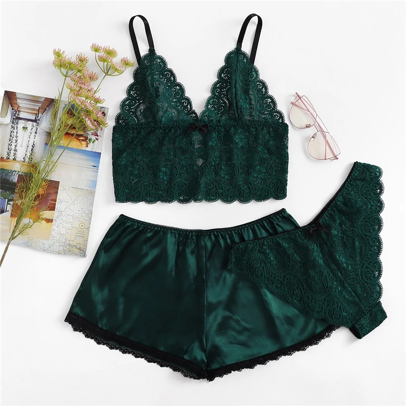 SHEIN Комплект Белья С Фестончатым Краем И Атласные Шорты Женский Сексуальный Комплект Пижамы из 3 предметов
