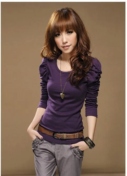New 2014 Fashion Women's T-shirts Hot Selling Long Sleeve T Shirt Women Puff Tops Solid Print Autumn Slim Pullover 1004 | Женская