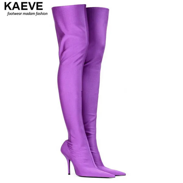 

Top Purple Boots Ladies Knee High Gladiator Heels Women Combat Boots Stretch Long Bottes Sexy Women Designer Botas De Mujer