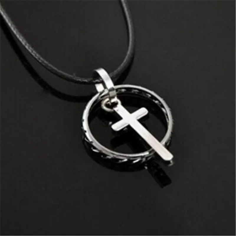 

Fashion Tire Pendant Necklace Men Women Silver Color Vintage Retro Cross Necklaces Pendants With Leather Rope Chain Jewelry
