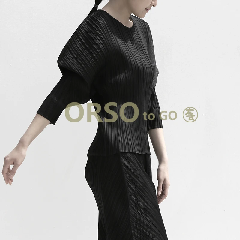 Black Changpleat летние новые женские свободные футболки Топы Miyak плиссированные Модные Дизайнерские однотонные футболки с круглым вырезом больших размеров женские футболки - Цвет: Black