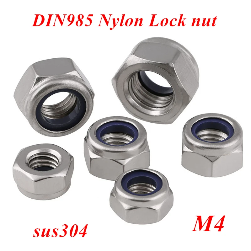 

500pcs DIN985 M4 Nylon Insert Hex Lock Nut A2-70 304 stainless steel Slip Locknuts Hexagon Nylon Self Locking Nuts