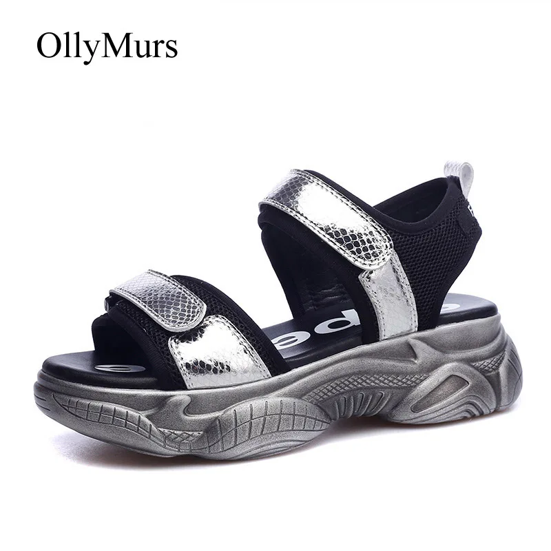 Sandalias mujer; коллекция года; обувь; женские кроссовки на платформе; модная брендовая Летняя обувь; zapatos de mujer; женская обувь на массивном каблуке; цвет Леопардовый, серебристый