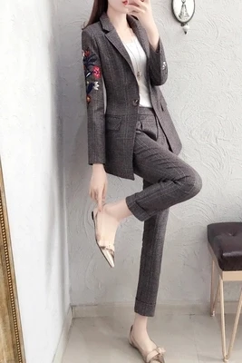 Женский клетчатый деловой костюм с вышивкой модный женский пиджак длинными