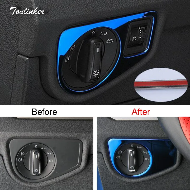 

Tonlinker Cover Sticker For Volkswagen Touran L 2016-18 Car styling 1pcs Stainless steel Headlight adjust position Cover sticker
