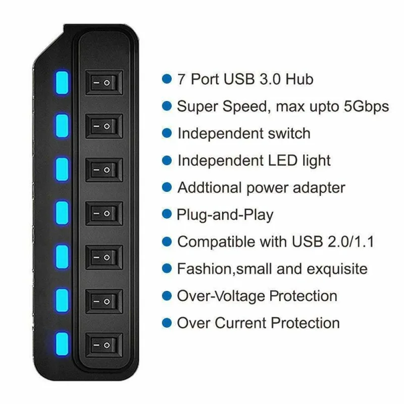 

7-Ports USB 3.0 Hub Adapter with On/Off Switch 5Gbps High Speed for PC Laptop For iPad SamSung Xiaomi HuaWei