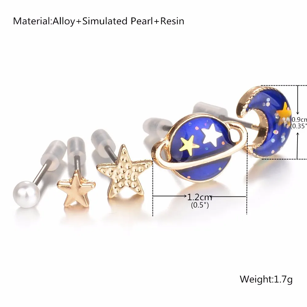BIG J.W Minimalist Blue Star and Moon Stud Earrings Cute Delicate Yellow Jupiter Earth Personalized 5 Set | Украшения и