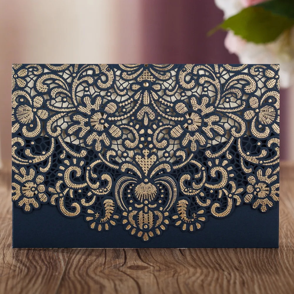 

Wishmade Navy Blue Laser Cut Wedding Invitations Cardstock Kits 100pcs with Embossed Flowers Pocket Cards For Party Supplies