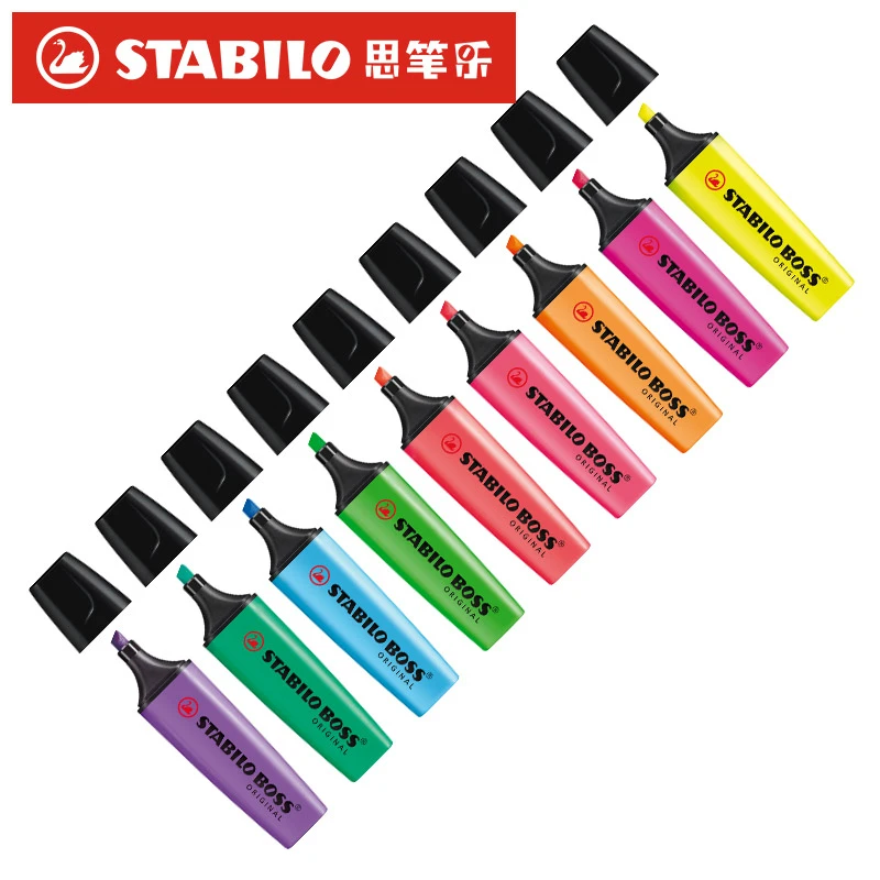 

9 Colors/Lot Germany STABILO Maker Pen Highlighter pen 70# BOSS 2mm-5mm Oblique Nib Painting Pen Students School Supplies Etui