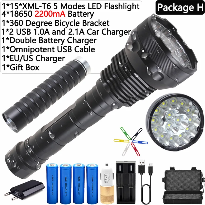 Package H Самая мощная 15 x XM-T6 8800mA батарея высокой мощности 5 режимов Светодиодный светильник-вспышка светодиодный фонарь linternas водонепроницаемый светильник-вспышка - Испускаемый цвет: Package H