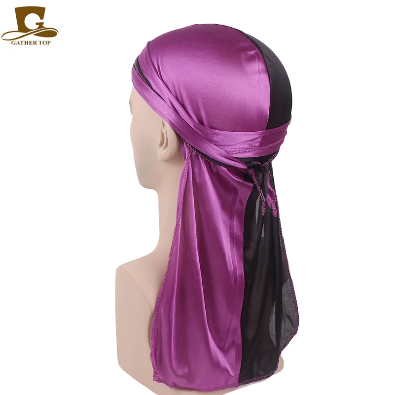 Фото Новинка модные двухцветные мягкие атласные Durag мужские шелковые Лоскутные прочные банданы-тюрбан головной убор аксессуары для волос №4