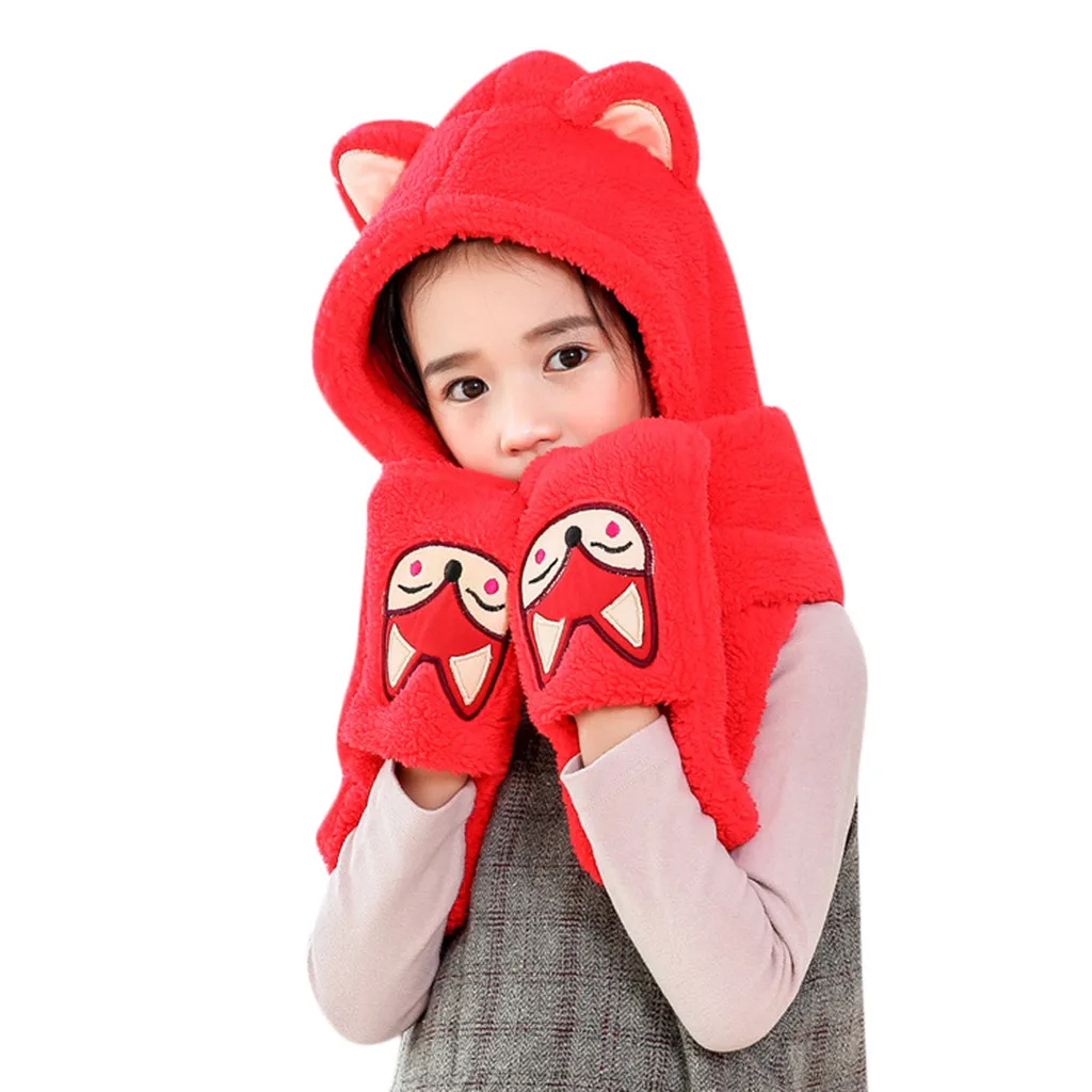 Детский теплый пушистый шарф-капюшон с рисунком лисы шапка-снуд карманные шапки