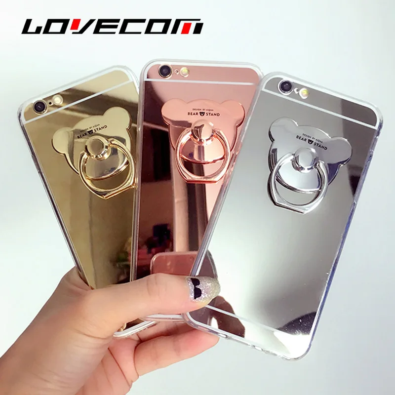 Модный зеркальный чехол подставка LOVECOM с кольцом медведем для Samsung S21 Ultra S20 S10 Plus A50