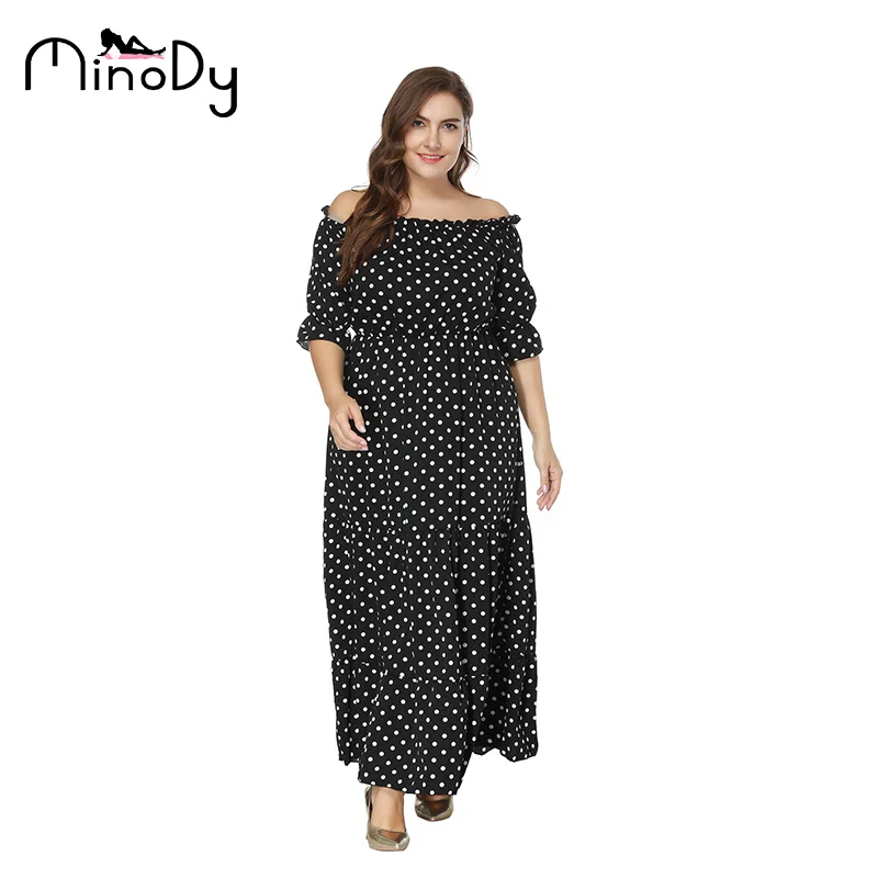 Minody женщин плюс размер Dot печати платье 2018 Летняя мода Boho с плеча коротким рукавом