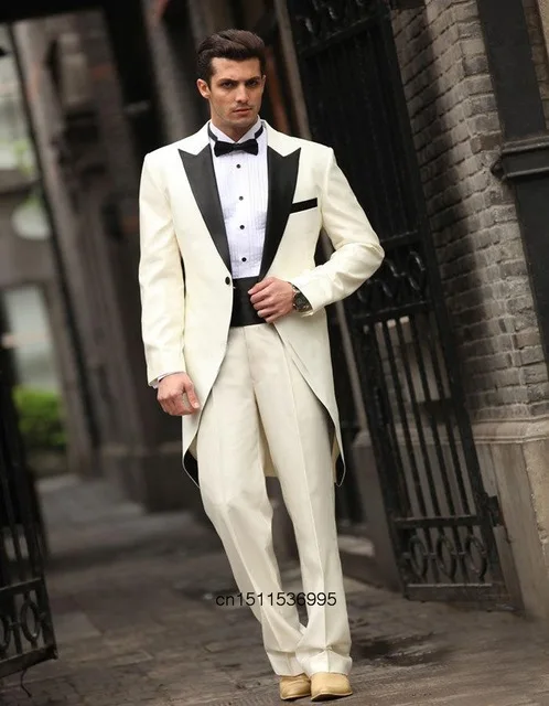 

2018 Groom Tuxedos Groomsman Men's Wedding Prom Suit Handsome Tailcoat Ivory Long Coat CustomMade Men Suits(Jacket +Pants+Bowtie