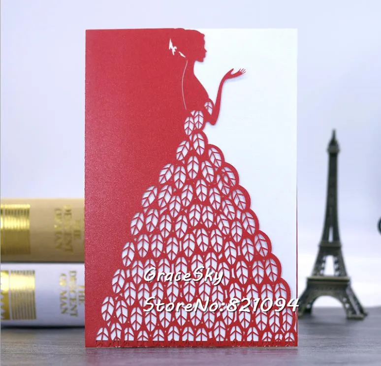 

30pcs free shipping laser cut pearlescent paper princess pocket design birthday wedding invitation cards with inner blank page