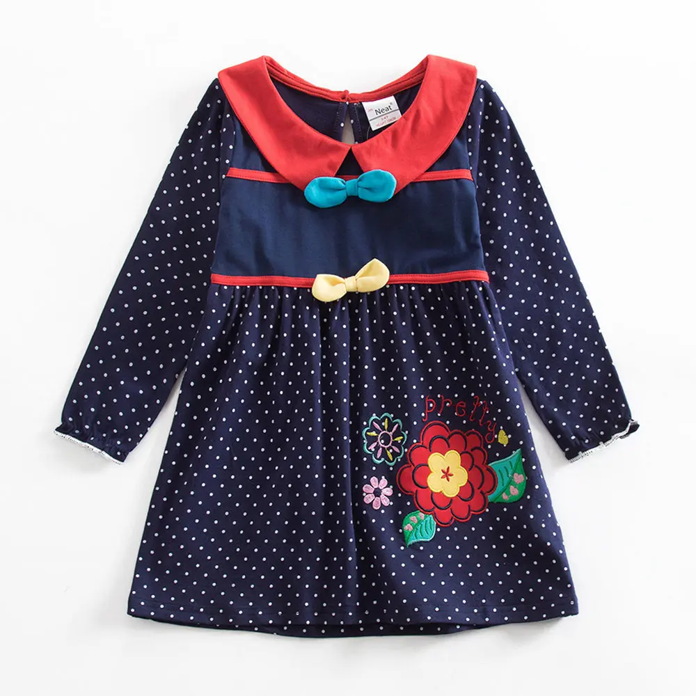 LH5733-Navy-2 JUXINSU девушка из материала на основе хлопка с цветочной вышивкой, с бантом, с длинным рукавом платье Wave Point девочек осень-зима Повседневное платья для девочек размер на 3–8 лет - Цвет: LH5733-Navy-2