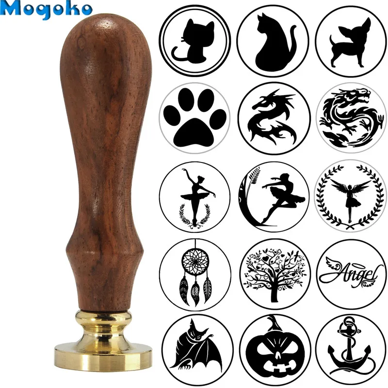 Mogoko-Sellos de cera con mango de madera, decoración de cartas, gato, perro, murciélago, calabaza, árbol, dragón, bailarina, Ángel, sello de cera de sellado