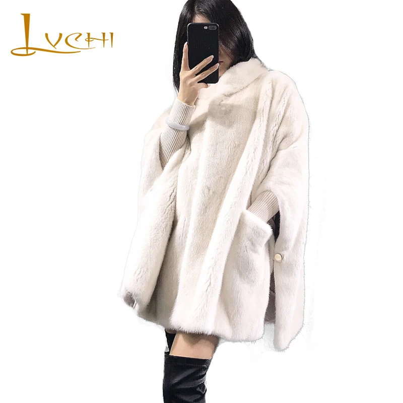 

LVCHI Winter 2019 Import Mink Fur Coat Women's Mandarin Collar Pockets Three Quarter Batwing Sleeve Loss Cloak Mink Fur Coats