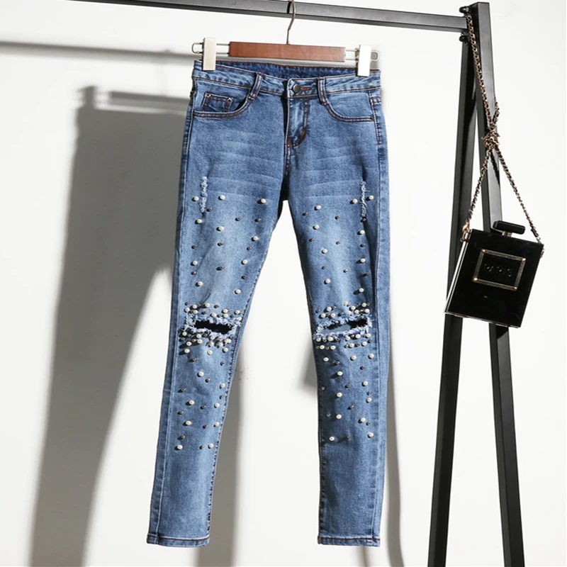 

Beaded pearl jeans ladies stretch tight casual slim models rivet jeans summer hole trousers waist jeans