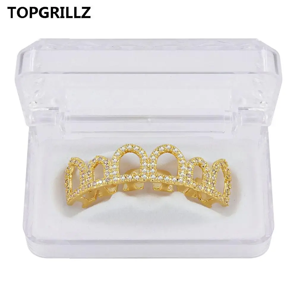 Gold top TOPGRILLZ чистое золото цвет покрытием хип хоп микро Pave CZ Клык полый верх и дно GRILLZ вампирские зубы грили набор - Окраска металла: Gold top