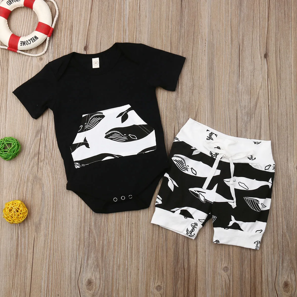 Детский комплект из 2 предметов черный комбинезон с карманами и шорты в виде Кита