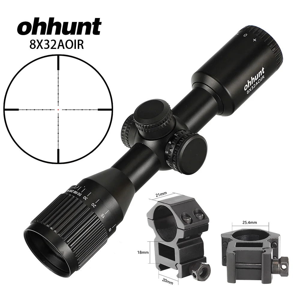 with-Picatinny Rings Ohhunt 8X32 AOIR компактные охотничьи Тактические оптические прицелы Mil Dot с подсветкой, стекло, травленая сетка, башенки, сброс оптики, прицел - Цвет: with-Picatinny Rings
