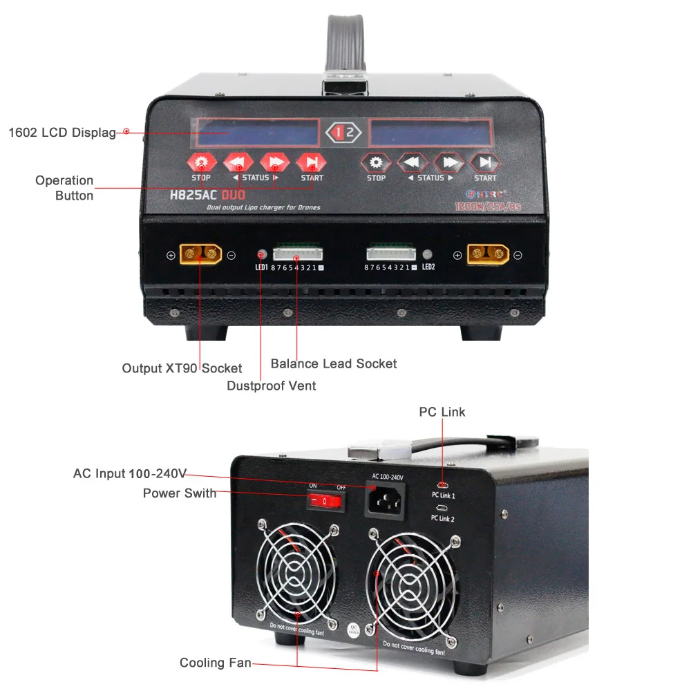 Балансирующее зарядное устройство HTRC H825AC DUO 1 8s Lipo/Lihv 1200 Вт 25 А двойной порт для