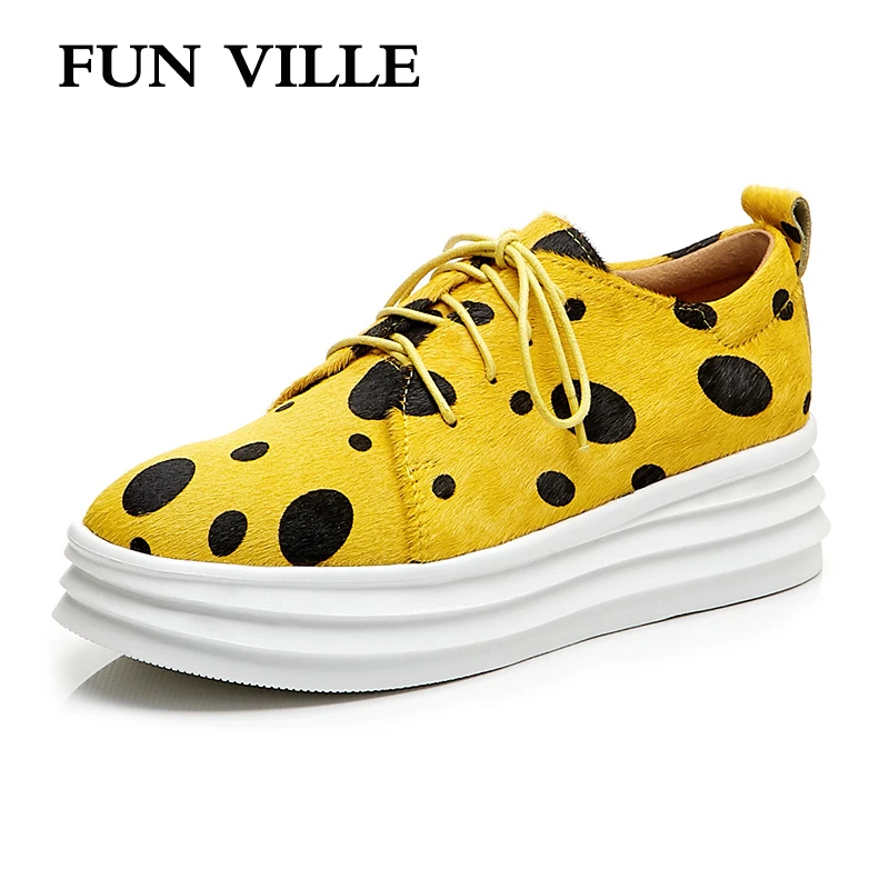 FUN VILLE/Новая модная женская обувь на плоской подошве, Демисезонная обувь из конского волоса, повседневная обувь на толстой платформе, женская обувь на плоской подошве с круглым носком без застежки