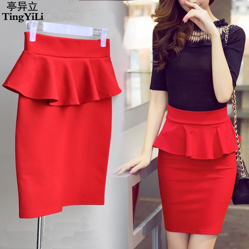 

TingYiLi 3XL 4XL 5XL Peplum Skirt Office Lady Ruffle Skirt Women Sexy Mini Skirt Pencil With Slit Red Black Skirt