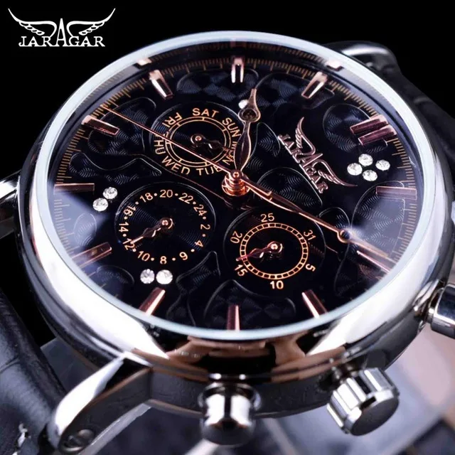 

JARGAR Fashion Automatic Mechanical Business Watch Mens Calendar Dress Wristwatches Men Casual Dress Genuine Leather Band Colck