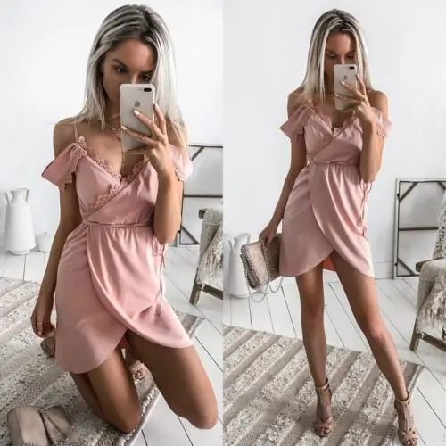 Женское платье с высокой талией Boho кружевное мини-платье рукавом-фонариком и на