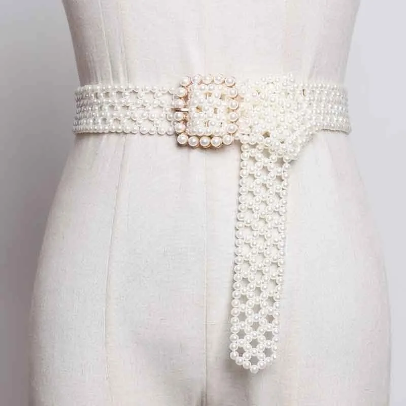 gold buckle SeeBeautiful, новая мода, Осень-зима, искусственный белый перламутровый Плетеный длинный широкий пояс с квадратной пряжкой, женский пояс A063 - Цвет: gold buckle