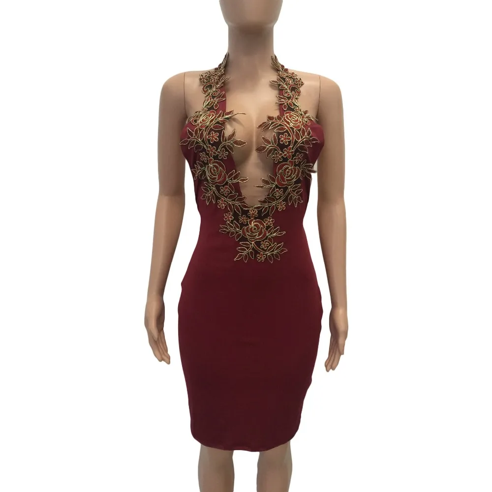 Европа и США Сексуальная висит шеи вышивки шить Slim платье|slim dress|united statesdress dress |