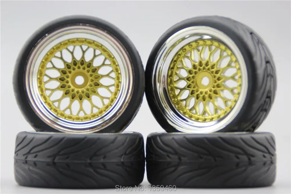 4 шт. 1/10 RC мягкая резина для дорожных шин обод колеса с шиной Y12CG (хром + покраска золото) 3/6/9 мм смещение
