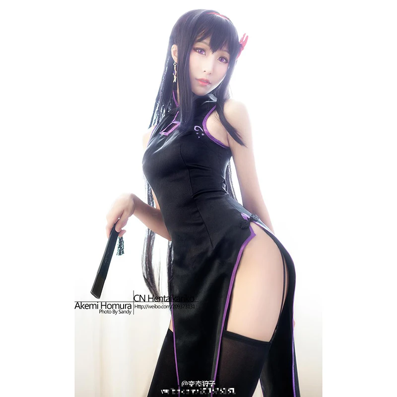 Волшебная девушка Kaname Madoka Cheongsam Черное длинное сексуальное платье + головной убор