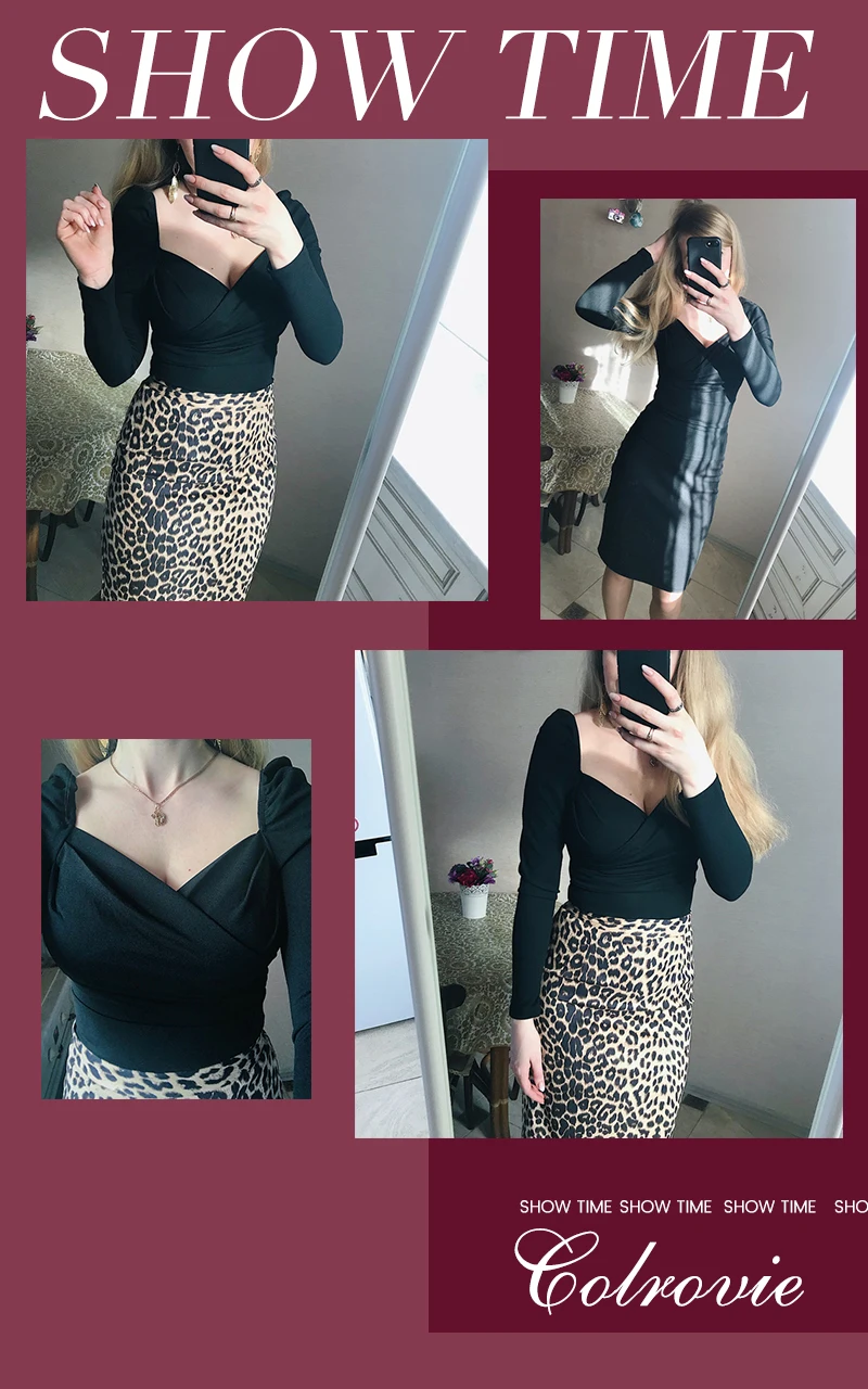 COLROVIE Black Solid Zip Back Fitted Wrap Sweetheart Elegant Blouses Women Spring Long Sleeve Shirt Sexy Office Ladies Tops