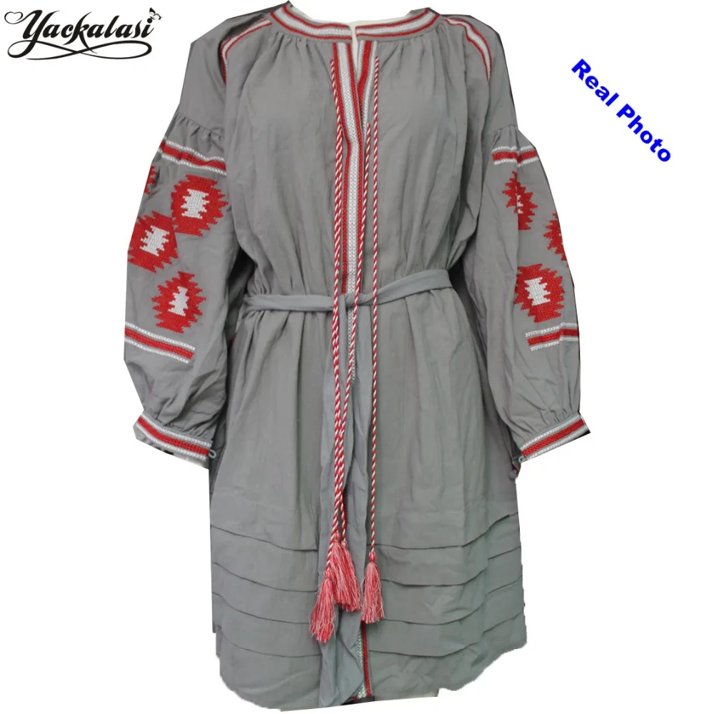 Женское платье yackalasi серое богемное вышитое повседневное винтажное Vestidos