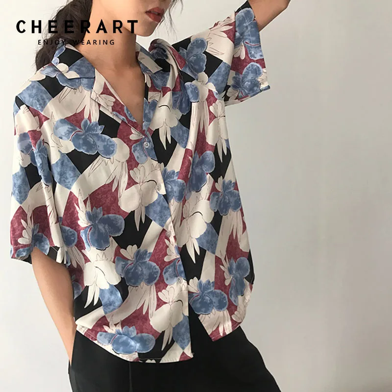 Cheerart Корейская блузка женская цветочная печать лацканы свободный летний топ на пуговицах шикарная блузка Femme