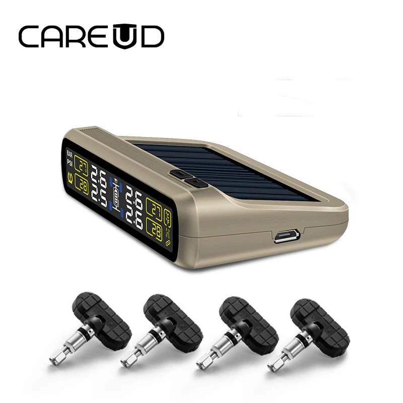 CAREUD солнечная энергия и USB зарядка автомобиля TPMS беспроводная система контроля давления в шинах с 4 внутренними датчиками ЖК-дисплей